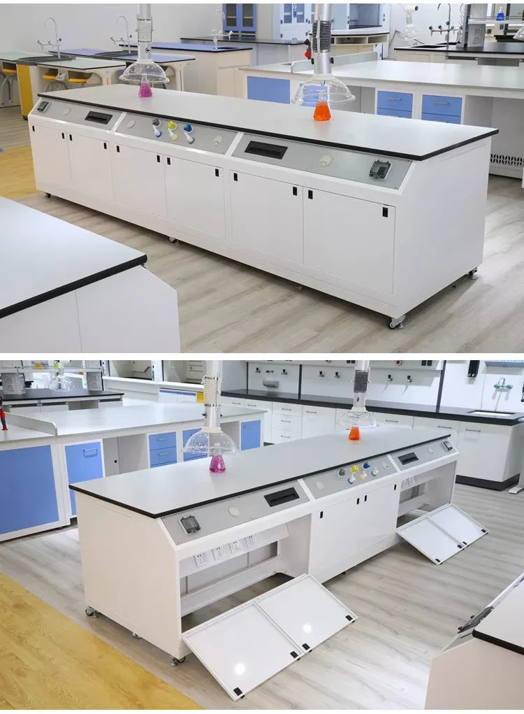 Plywood Cabinet Steel Frame Island Bench OEM White Color Wooden Laboratory Furniture Steel Wood Lab Bench